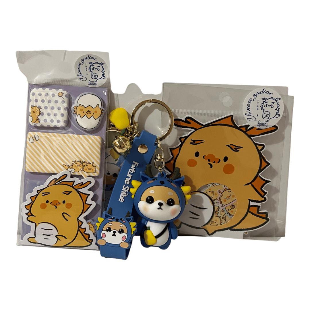 Chinese Zodiac Dragon Bundle- Sticky Notes, Sticker Flake Sack, and Shiba Inu Dressed as Dragon Keychain