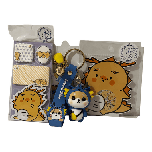 Chinese Zodiac Dragon Bundle- Sticky Notes, Sticker Flake Sack, and Shiba Inu Dressed as Dragon Keychain