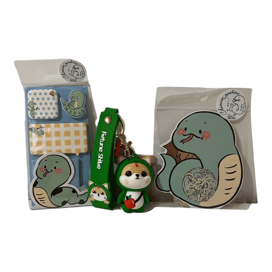 Chinese Zodiac Snake Bundle- Sticky Notes, Sticker Flake Sack, and Shiba Inu dressed as Snake Keychain