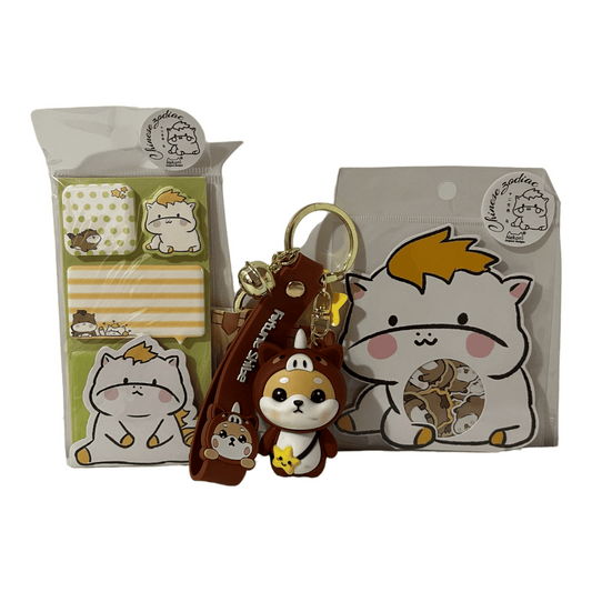 Chinese Zodiac Horse Bundle- Sticky Notes, Sticker Flake Sack, and Shiba Inu dressed as Horse Keychain