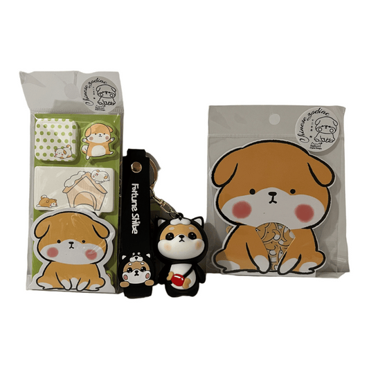 Chinese Zodiac Dog Bundle- Sticky Notes, Sticker Flake Sack, and Shiba Inu dressed as Dog Keychain