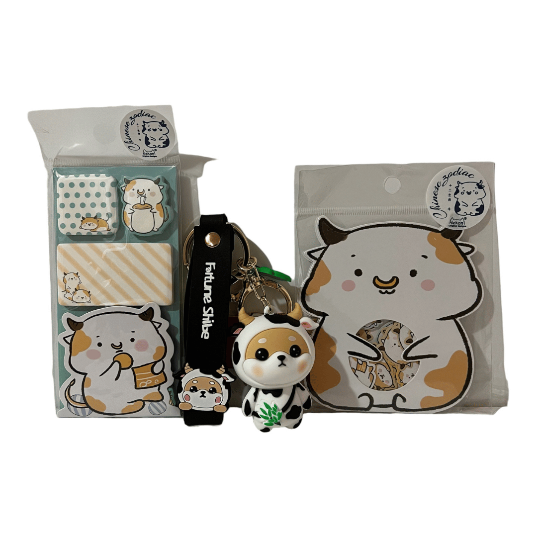 Chinese Zodiac Cow/Ox Bundle- Sticky Notes, Sticker Flake Sack, and Shiba Inu dressed as Cow Keychain