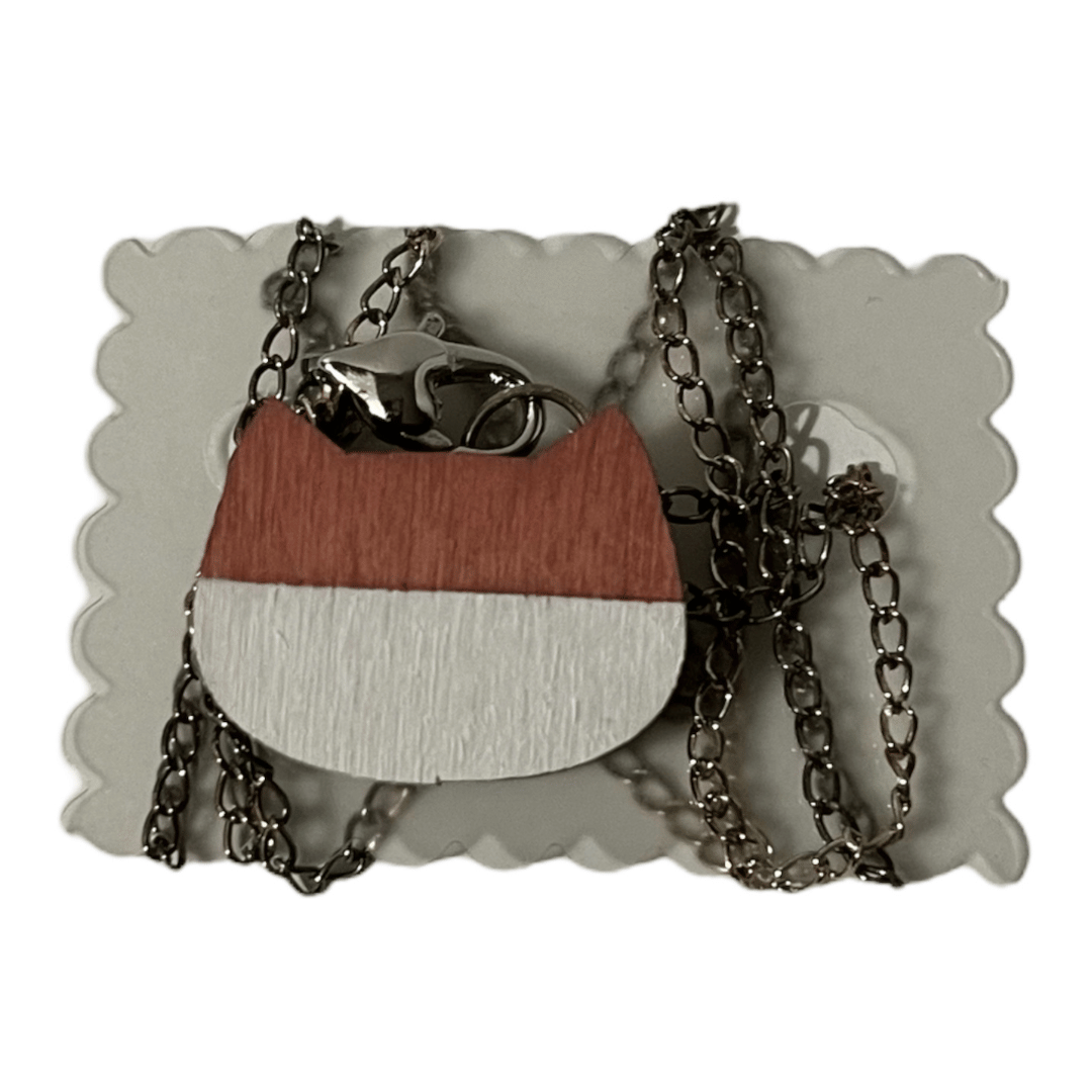 Pink & White Wooden Minimalist Cat Shaped Pendant Necklace