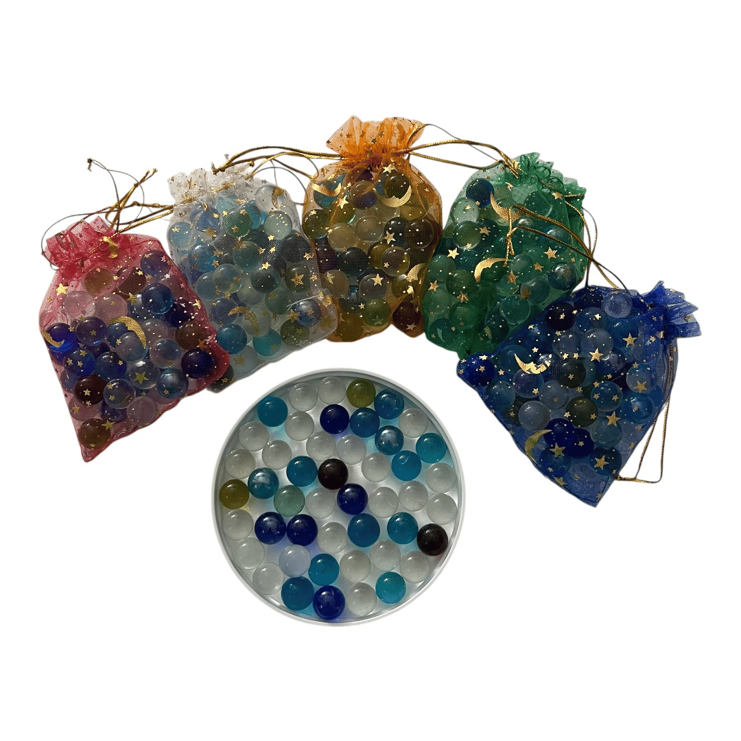 MULTI-COLORED GLASS MARBLES - SET OF 50 IN DRAWSTRING BAG