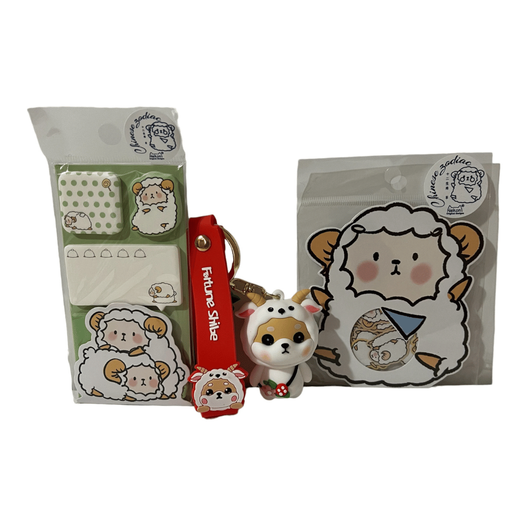 Chinese Zodiac Sheep Bundle- Sticky Notes, Sticker Flake Sack, and Shiba Inu dressed as Sheep Keychain