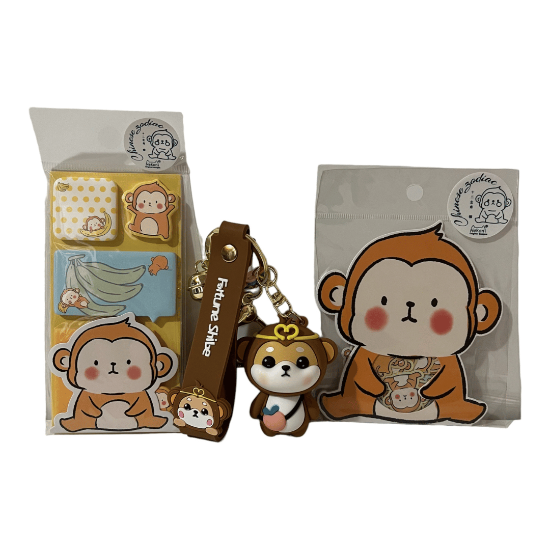 Chinese Zodiac Monkey Bundle- Sticky Notes, Sticker Flake Sack, and Shiba Inu dressed as Monkey Keychain