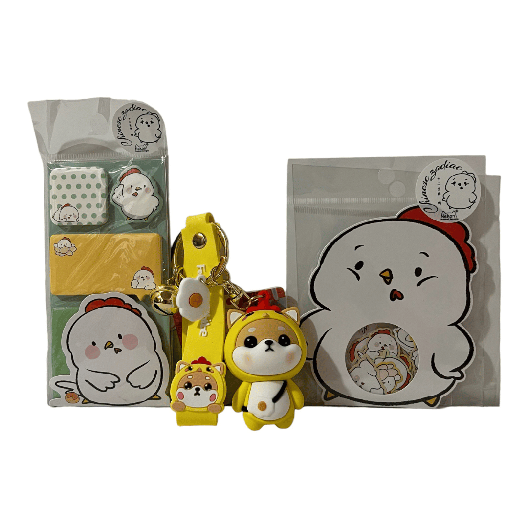 Chinese Zodiac Rooster Bundle- Sticky Notes, Sticker Flake Sack, and Shiba Inu dressed as Rooster Keychain