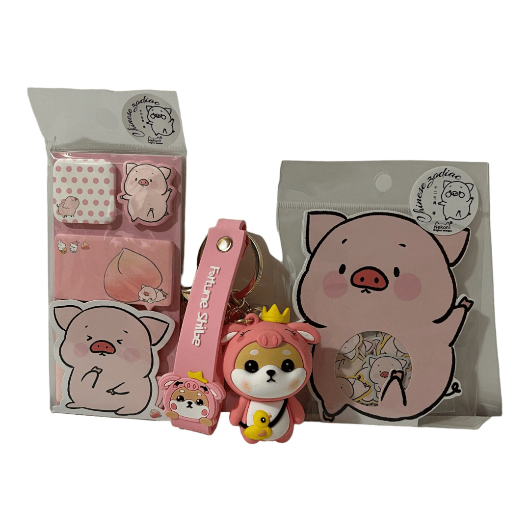 Chinese Zodiac Pig Bundle- Sticky Notes, Sticker Flake Sack, and Shiba Inu dressed as Pig Keychain