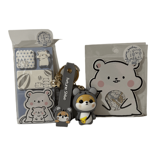 Chinese Zodiac Mouse Bundle- Sticky Notes, Sticker Flake Sack, and Shiba Inu dressed as Mouse Keychain
