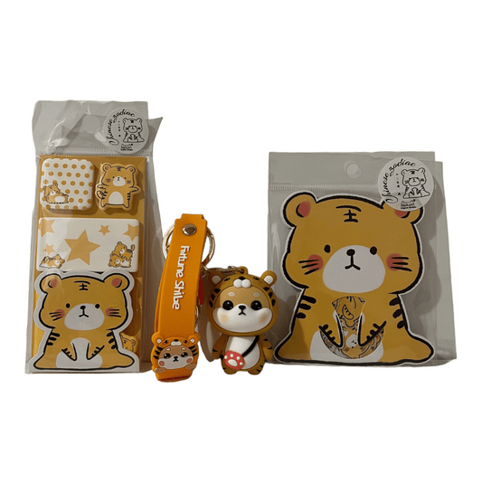 Chinese Zodiac Tiger Bundle- Sticky Notes, Sticker Flake Sack, and Shiba Inu dressed as Tiger Keychain