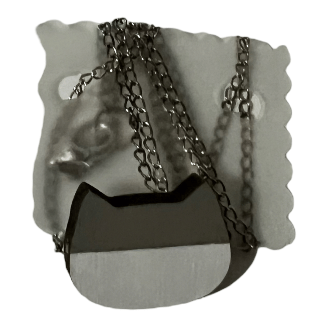Grey and White Wooden Minimalist Cat Shaped Pendant Necklace