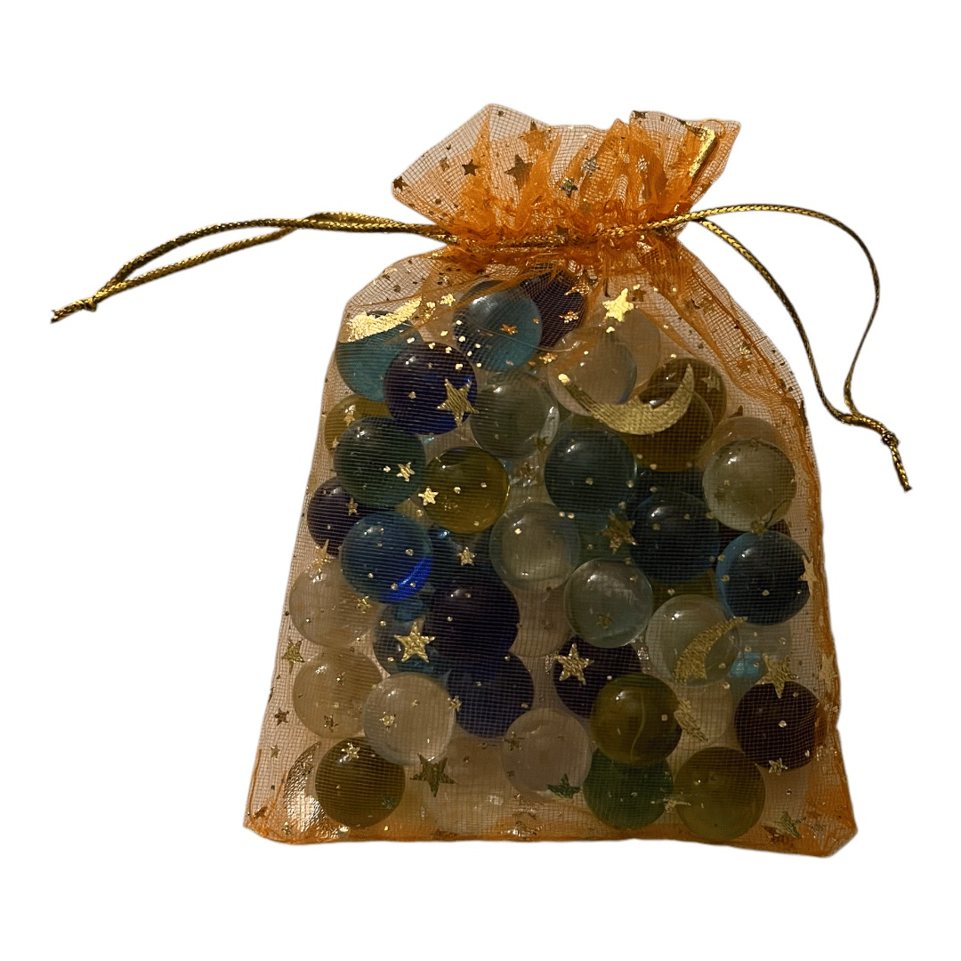 MULTI-COLORED GLASS MARBLES - SET OF 50 IN DRAWSTRING BAG